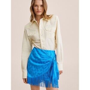 MANGO Fringe Mini Skirt Large Blue Paisley Tie Flapper Party Club Date NEW